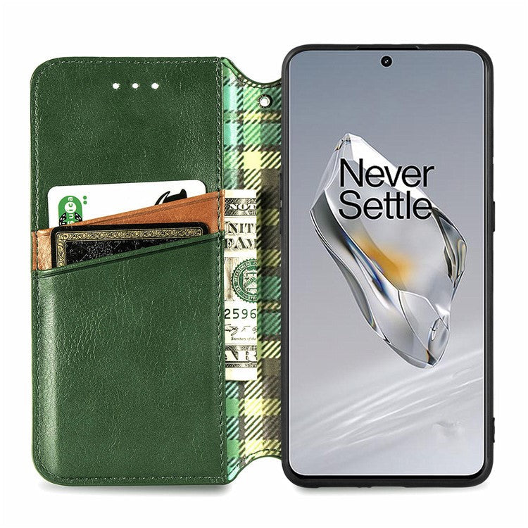 For OnePlus 12 5G Wallet Phone Cover Imprinted Rhombus Leather Flip Case - Green