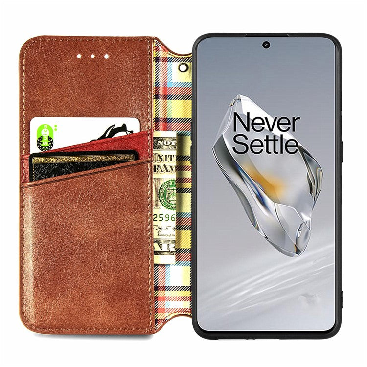 For OnePlus 12 5G Wallet Phone Cover Imprinted Rhombus Leather Flip Case - Brown