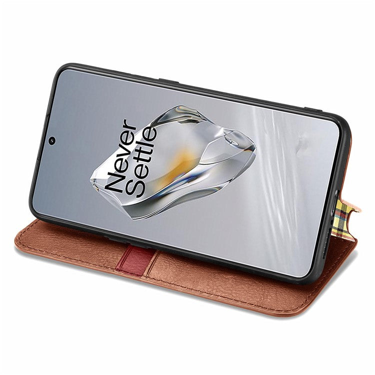 For OnePlus 12 5G Wallet Phone Cover Imprinted Rhombus Leather Flip Case - Brown