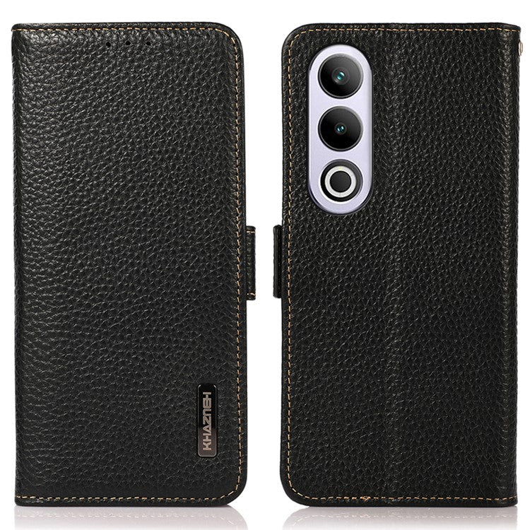 KHAZNEH For OnePlus Nord CE4 5G RFID Blocking Case Genuine Cow Leather Phone Cover - Black