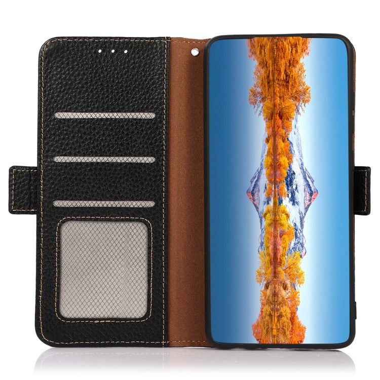 KHAZNEH For OnePlus Nord CE4 5G RFID Blocking Case Genuine Cow Leather Phone Cover - Black