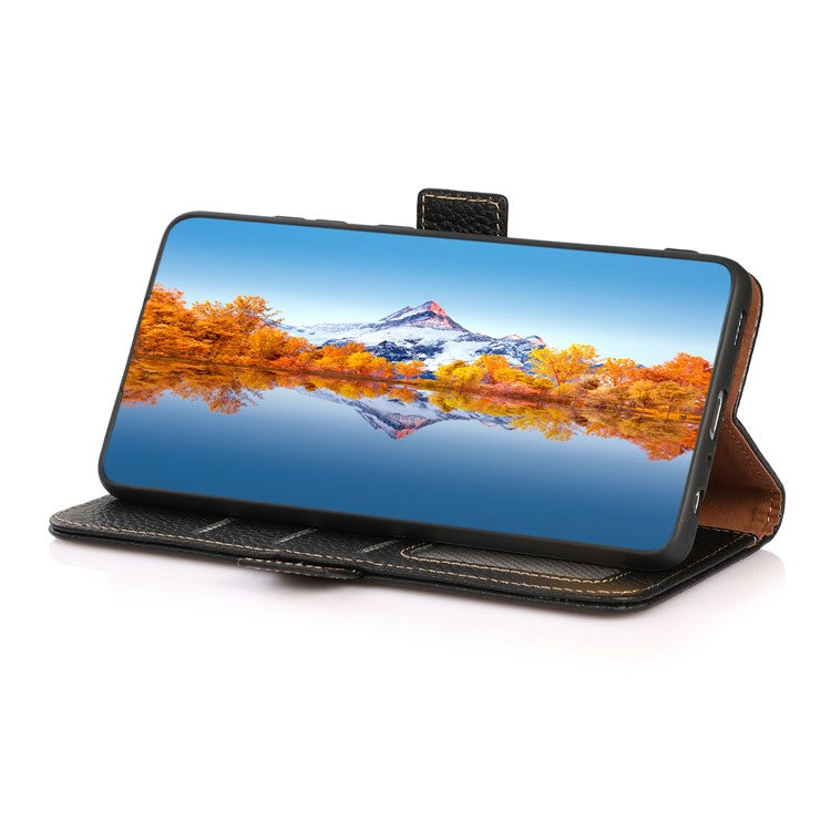 KHAZNEH For OnePlus Nord CE4 5G RFID Blocking Case Genuine Cow Leather Phone Cover - Black