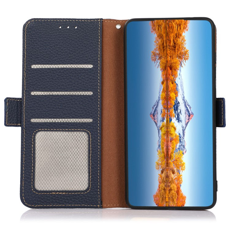 KHAZNEH For OnePlus Nord CE4 5G RFID Blocking Case Genuine Cow Leather Phone Cover - Blue