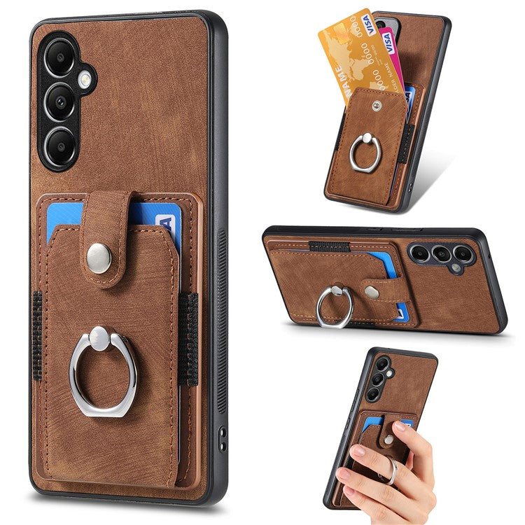 D2 For Samsung Galaxy A25 5G (Global) (161.0 x 76.5 x 8.3mm) Ring Kickstand TPU+PU Leather Anti-drop Phone Case - Brown