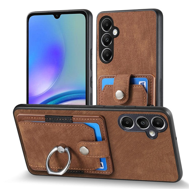 D2 For Samsung Galaxy A25 5G (Global) (161.0 x 76.5 x 8.3mm) Ring Kickstand TPU+PU Leather Anti-drop Phone Case - Brown