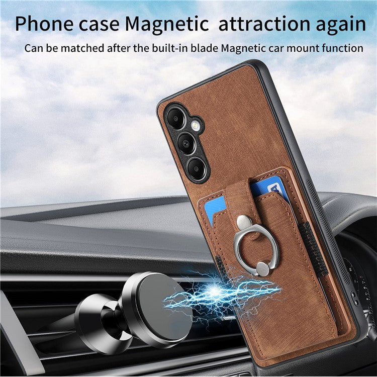 D2 For Samsung Galaxy A25 5G (Global) (161.0 x 76.5 x 8.3mm) Ring Kickstand TPU+PU Leather Anti-drop Phone Case - Brown