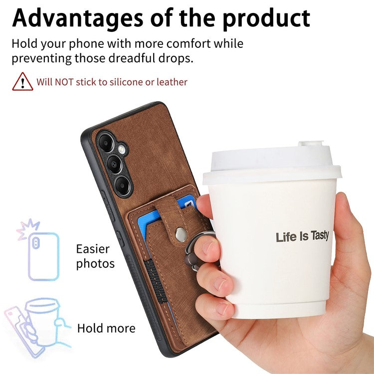 D2 For Samsung Galaxy A25 5G (Global) (161.0 x 76.5 x 8.3mm) Ring Kickstand TPU+PU Leather Anti-drop Phone Case - Brown