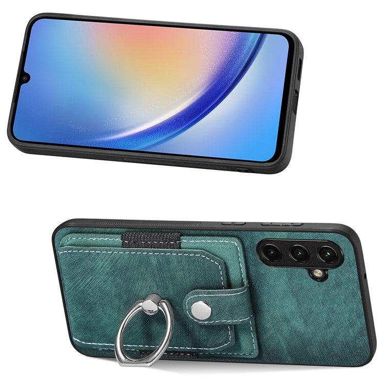 D2 For Samsung Galaxy A35 5G Case Vintage PU Leather+TPU Phone Cover with Ring Kickstand - Green