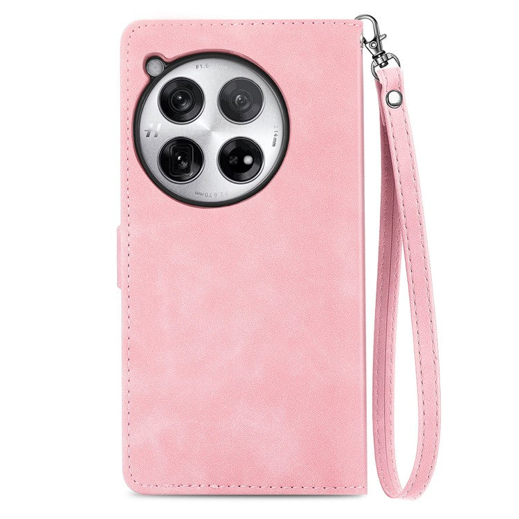 For OnePlus 12 5G Case Leather Card Slots Flower Phone Cover with Wrist Strap - Pink