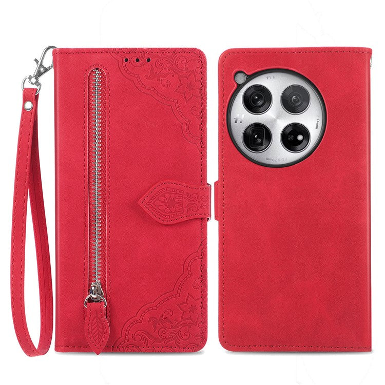 For OnePlus 12 5G Case Leather Card Slots Flower Phone Cover with Wrist Strap - Red