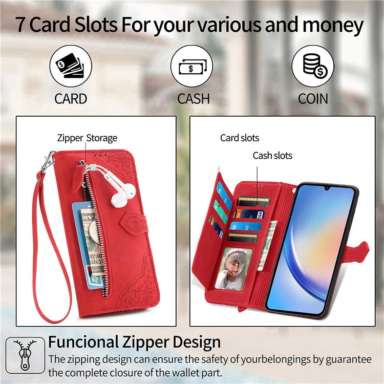 For OnePlus 12 5G Case Leather Card Slots Flower Phone Cover with Wrist Strap - Red