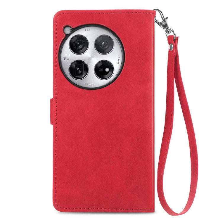 For OnePlus 12 5G Case Leather Card Slots Flower Phone Cover with Wrist Strap - Red