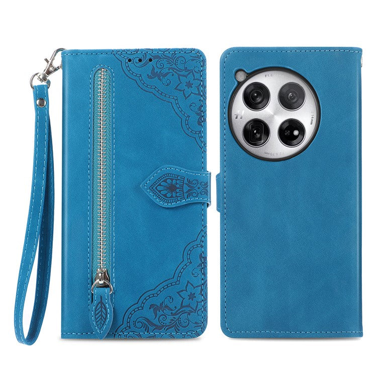 For OnePlus 12 5G Case Leather Card Slots Flower Phone Cover with Wrist Strap - Blue