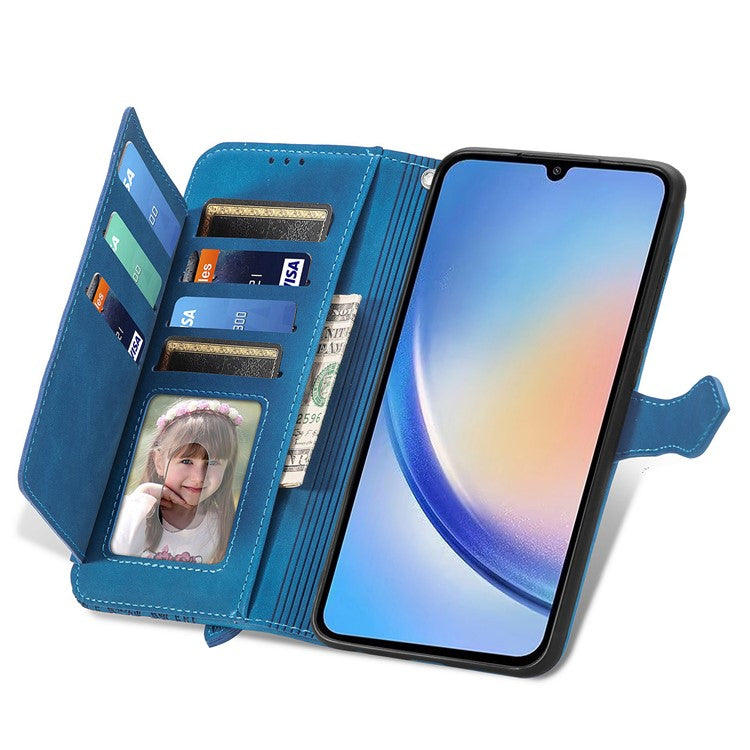 For OnePlus 12 5G Case Leather Card Slots Flower Phone Cover with Wrist Strap - Blue