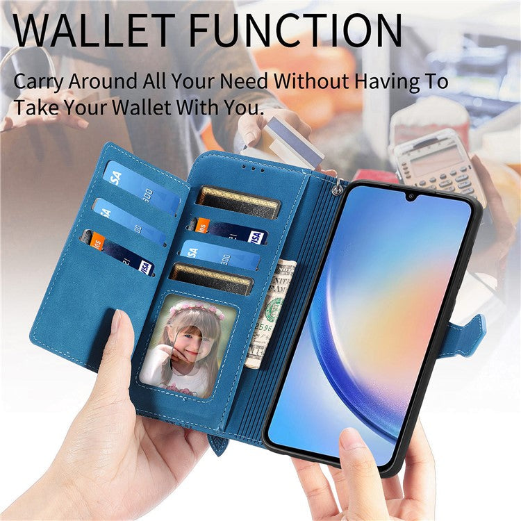 For OnePlus 12 5G Case Leather Card Slots Flower Phone Cover with Wrist Strap - Blue