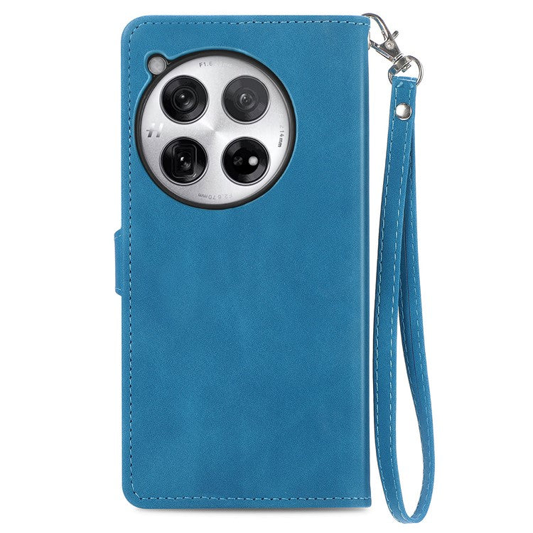 For OnePlus 12 5G Case Leather Card Slots Flower Phone Cover with Wrist Strap - Blue