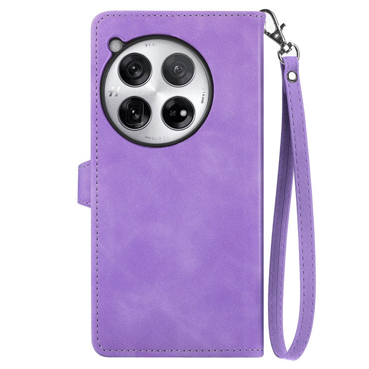 For OnePlus 12 5G Case Leather Card Slots Flower Phone Cover with Wrist Strap - Light Purple