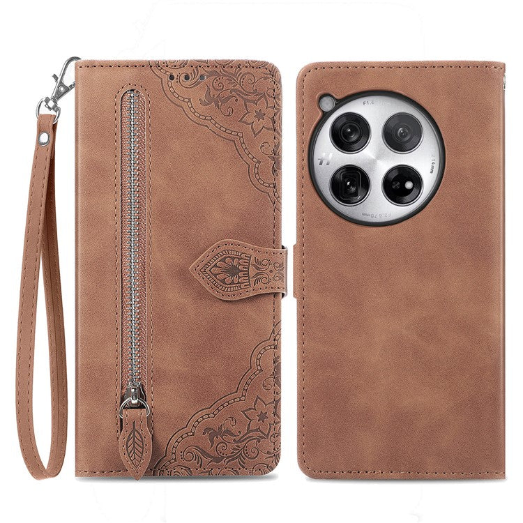 For OnePlus 12 5G Case Leather Card Slots Flower Phone Cover with Wrist Strap - Brown