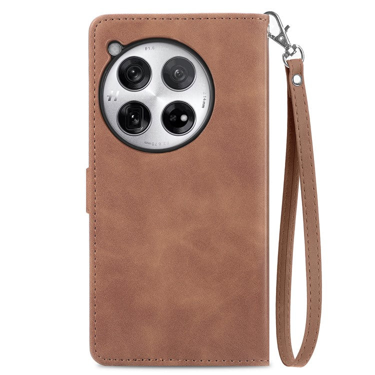For OnePlus 12 5G Case Leather Card Slots Flower Phone Cover with Wrist Strap - Brown