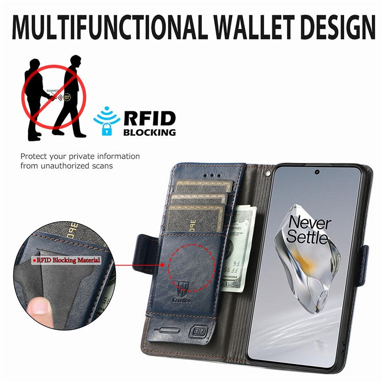 CASENEO 002 Series For OnePlus 12 5G Case Stand Flip PU Leather RFID Blocking Phone Cover - Blue