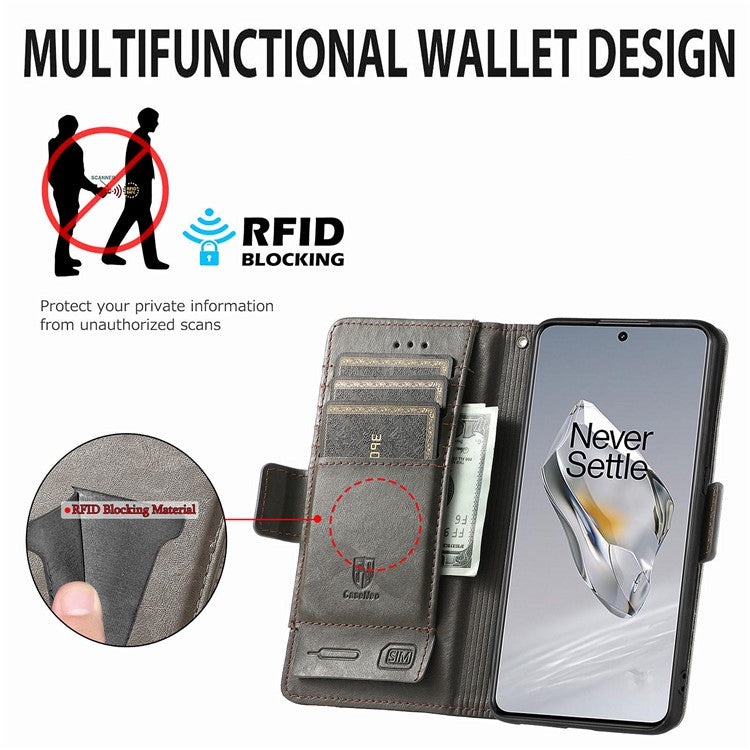 CASENEO 002 Series For OnePlus 12 5G Case Stand Flip PU Leather RFID Blocking Phone Cover - Grey