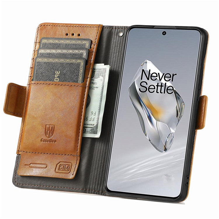 CASENEO 002 Series For OnePlus 12 5G Case Stand Flip PU Leather RFID Blocking Phone Cover - Light Brown