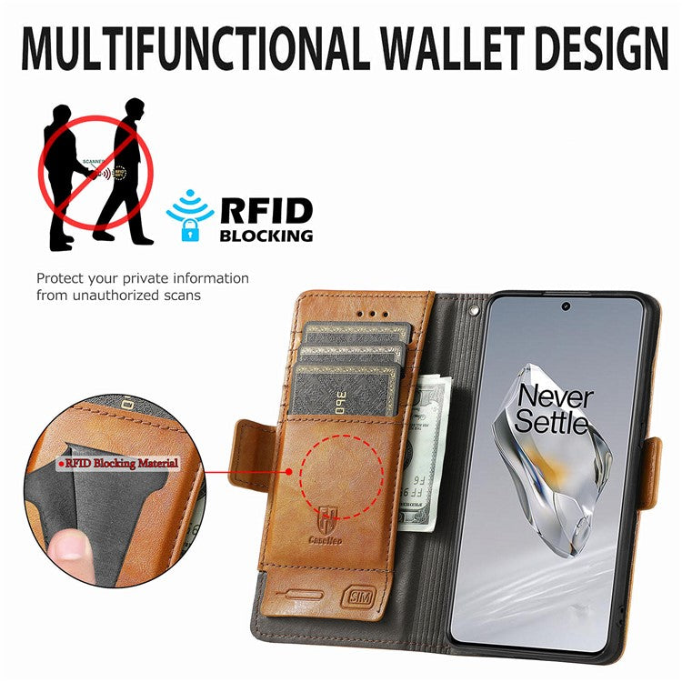 CASENEO 002 Series For OnePlus 12 5G Case Stand Flip PU Leather RFID Blocking Phone Cover - Light Brown