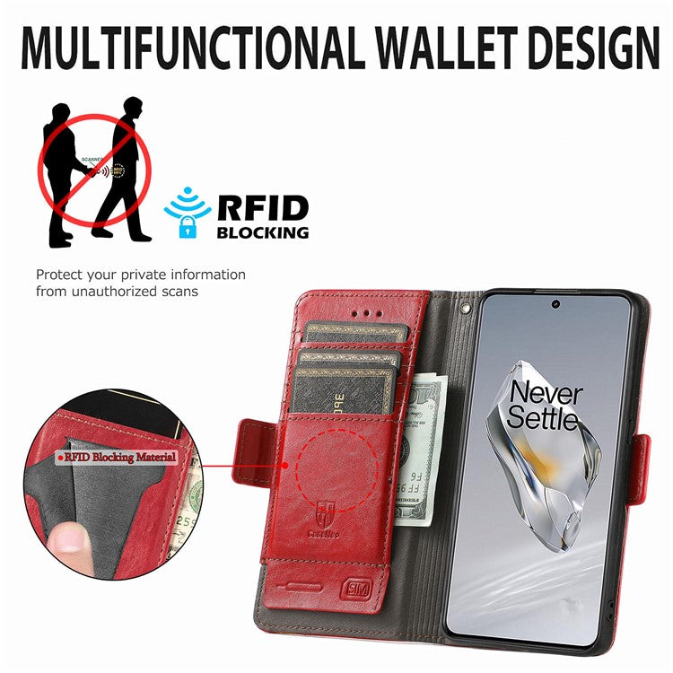 CASENEO 002 Series For OnePlus 12 5G Case Stand Flip PU Leather RFID Blocking Phone Cover - Red