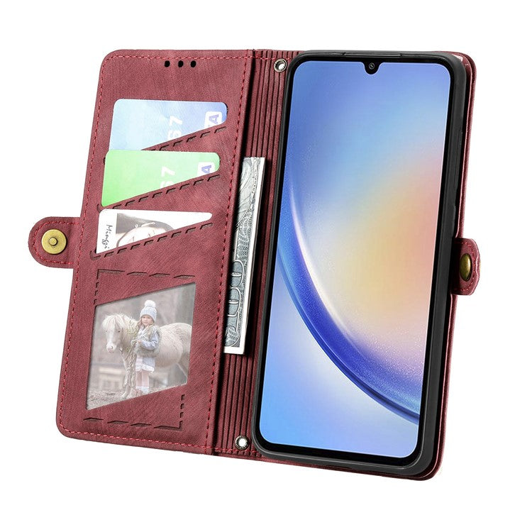 Flip Stand Phone Case for Samsung Galaxy A24 4G (162.1 X 77.6 X 8.3mm) Zipper Pocket Wallet Cell Phone Cover with Wrist Strap - Red