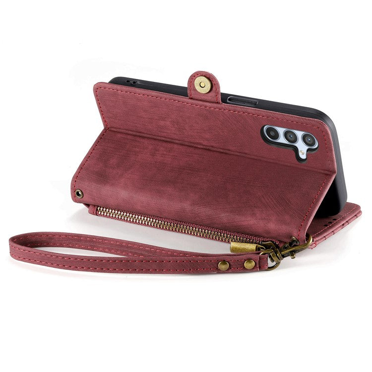 Flip Stand Phone Case for Samsung Galaxy A24 4G (162.1 X 77.6 X 8.3mm) Zipper Pocket Wallet Cell Phone Cover with Wrist Strap - Red