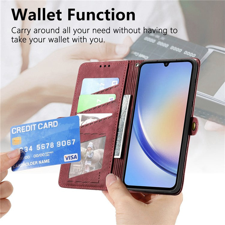 Flip Stand Phone Case for Samsung Galaxy A24 4G (162.1 X 77.6 X 8.3mm) Zipper Pocket Wallet Cell Phone Cover with Wrist Strap - Red