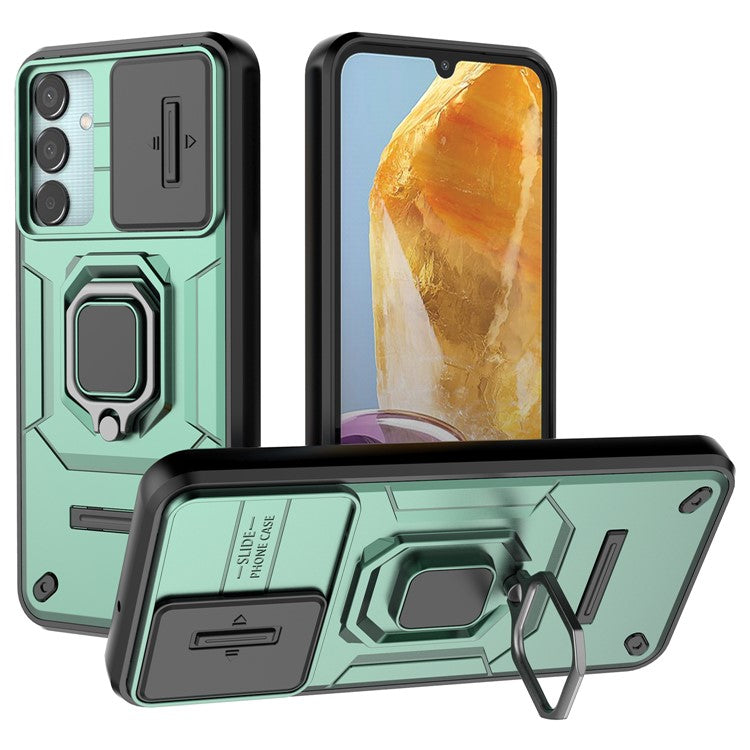For Samsung Galaxy M15 5G Case with Slide Camera Cover Ring Kickstand PC+TPU Phone Protector - Green