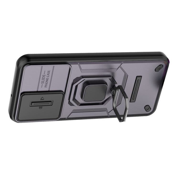 For Samsung Galaxy M15 5G Case with Slide Camera Cover Ring Kickstand PC+TPU Phone Protector - Purple