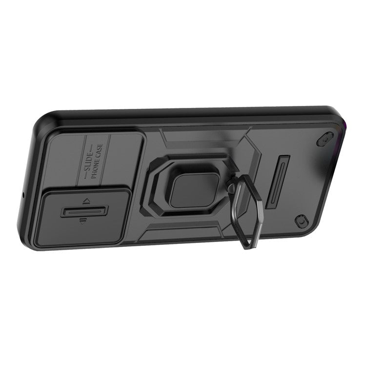 For Samsung Galaxy M15 5G Case with Slide Camera Cover Ring Kickstand PC+TPU Phone Protector - Black