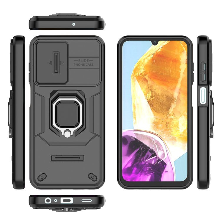 For Samsung Galaxy M15 5G Case with Slide Camera Cover Ring Kickstand PC+TPU Phone Protector - Black