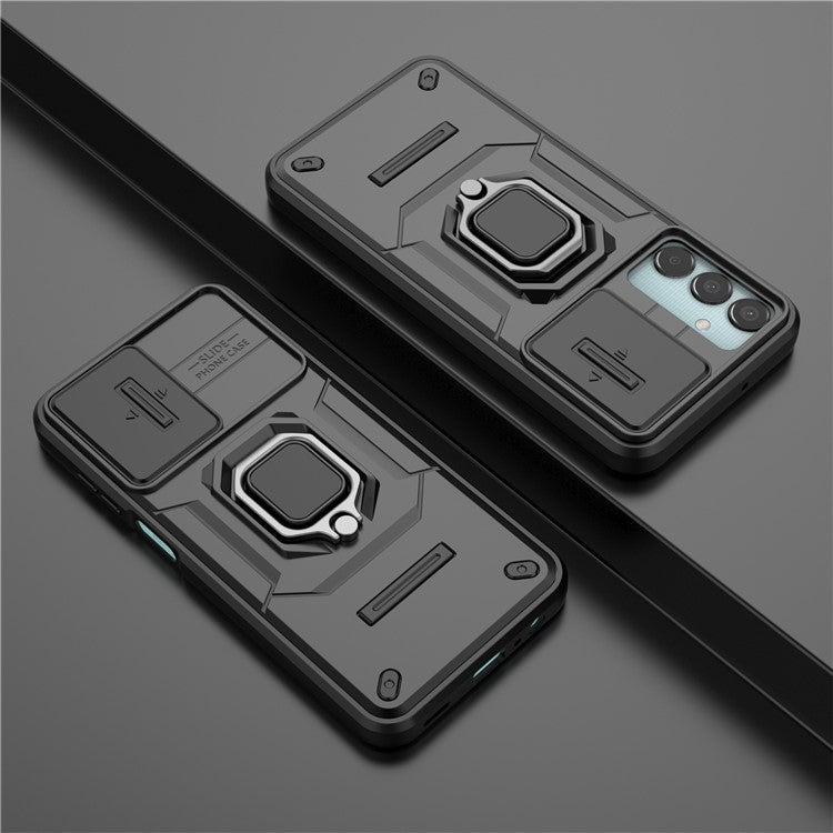 For Samsung Galaxy M15 5G Case with Slide Camera Cover Ring Kickstand PC+TPU Phone Protector - Black
