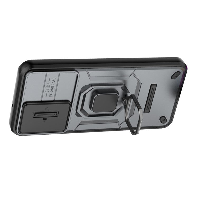 For Samsung Galaxy M15 5G Case with Slide Camera Cover Ring Kickstand PC+TPU Phone Protector - Grey