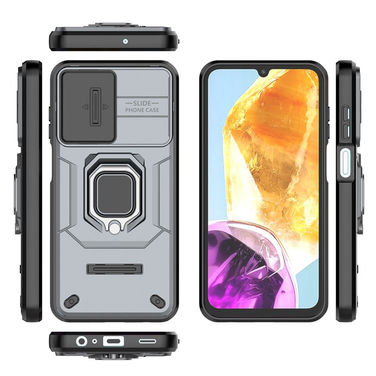 For Samsung Galaxy M15 5G Case with Slide Camera Cover Ring Kickstand PC+TPU Phone Protector - Grey