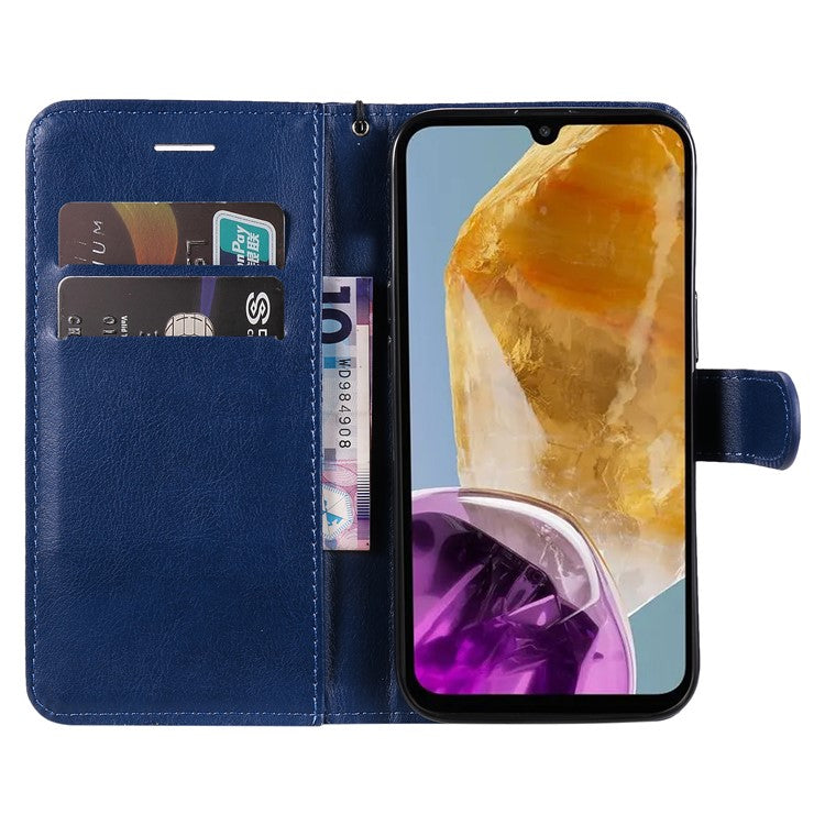 For Samsung Galaxy M15 5G Case Solid Color Leather Mobile Cover Wallet Stand with Strap - Blue