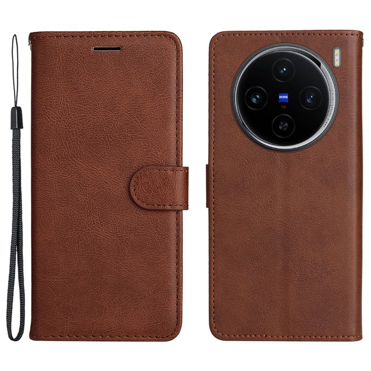 KT Leather Series-2 for vivo X100 5G Case Wallet PU Leather Solid Color Phone Cover - Brown