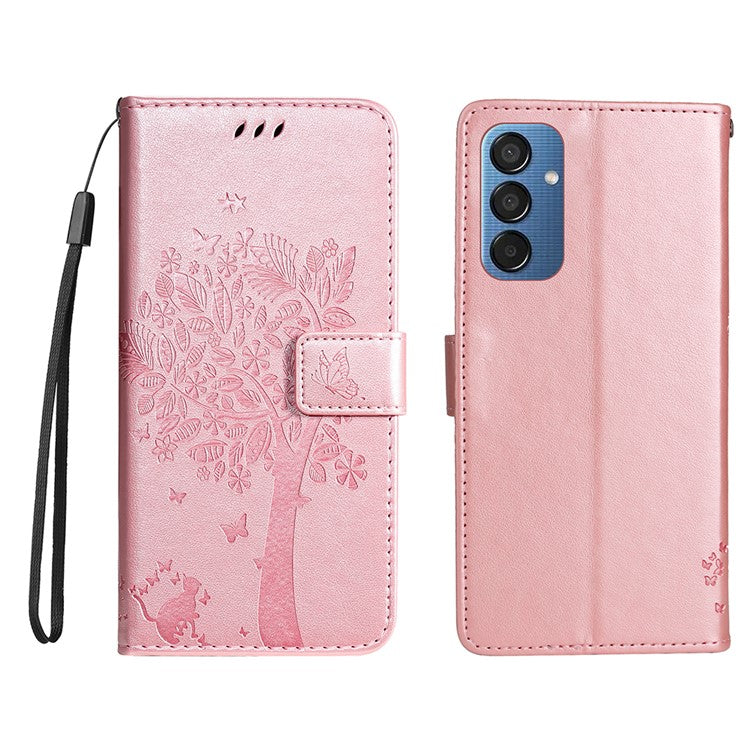 For Samsung Galaxy M15 5G Phone Case with Stand Cat Tree Pattern Leather Wallet Mobile Cover - Rose Gold