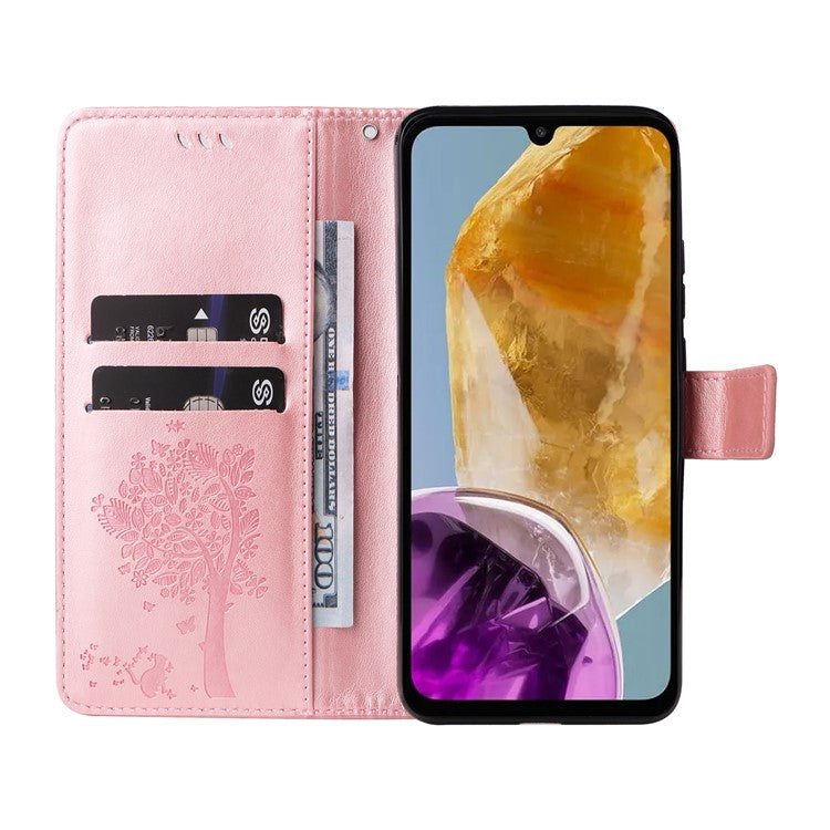 For Samsung Galaxy M15 5G Phone Case with Stand Cat Tree Pattern Leather Wallet Mobile Cover - Rose Gold