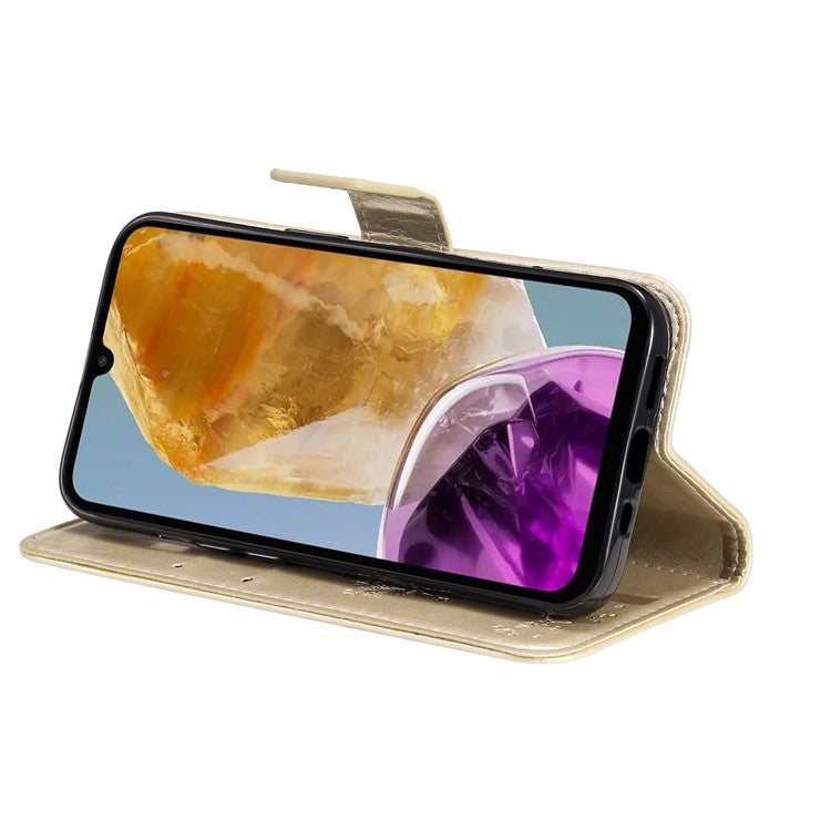 For Samsung Galaxy M15 5G Phone Case with Stand Cat Tree Pattern Leather Wallet Mobile Cover - Gold