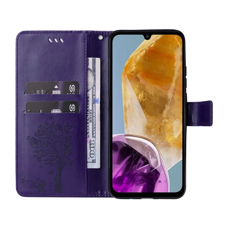 For Samsung Galaxy M15 5G Phone Case with Stand Cat Tree Pattern Leather Wallet Mobile Cover - Purple