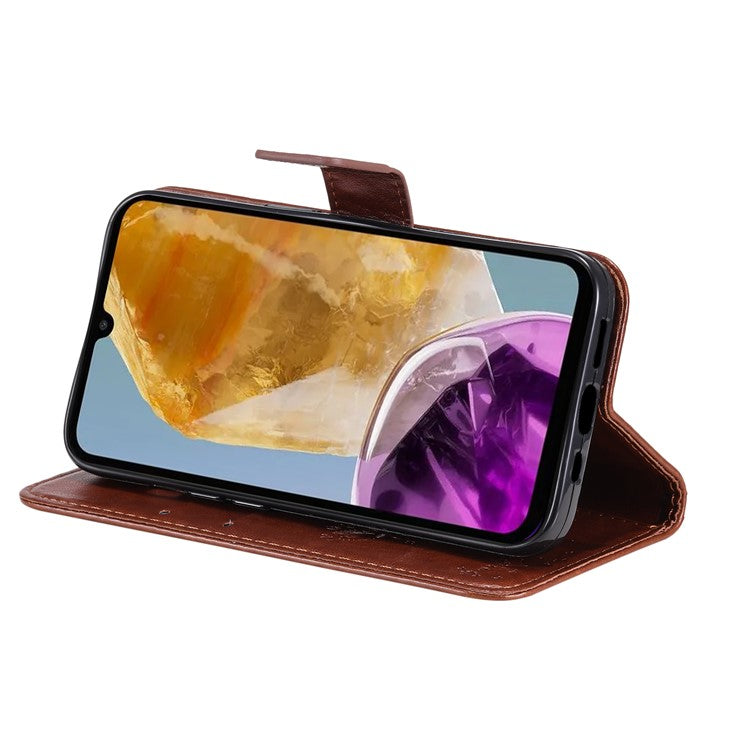 For Samsung Galaxy M15 5G Phone Case with Stand Cat Tree Pattern Leather Wallet Mobile Cover - Coffee