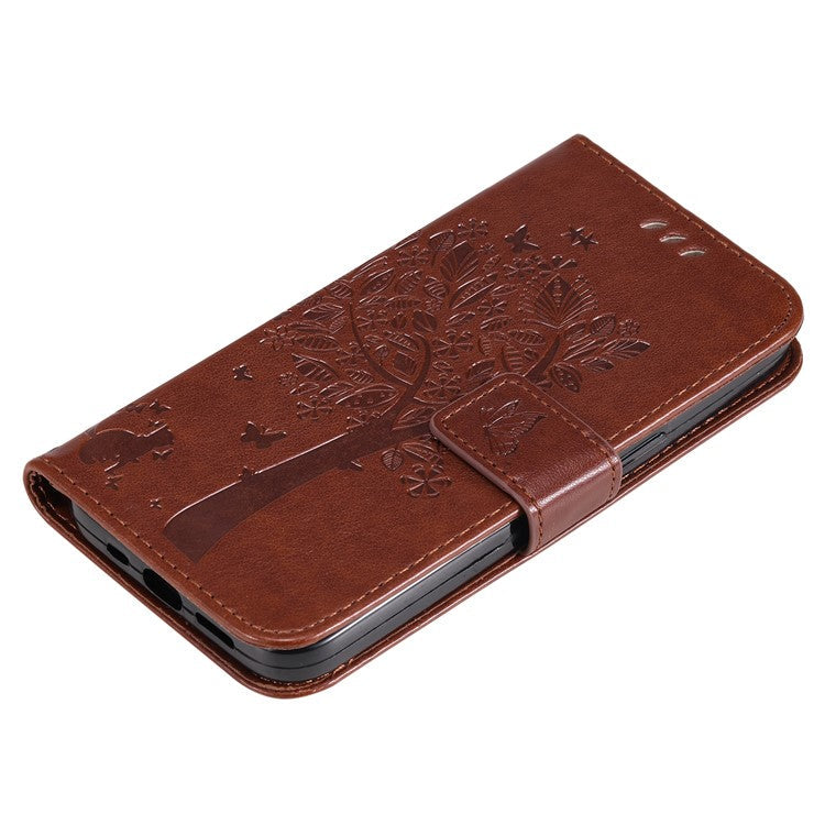 For Samsung Galaxy M15 5G Phone Case with Stand Cat Tree Pattern Leather Wallet Mobile Cover - Coffee