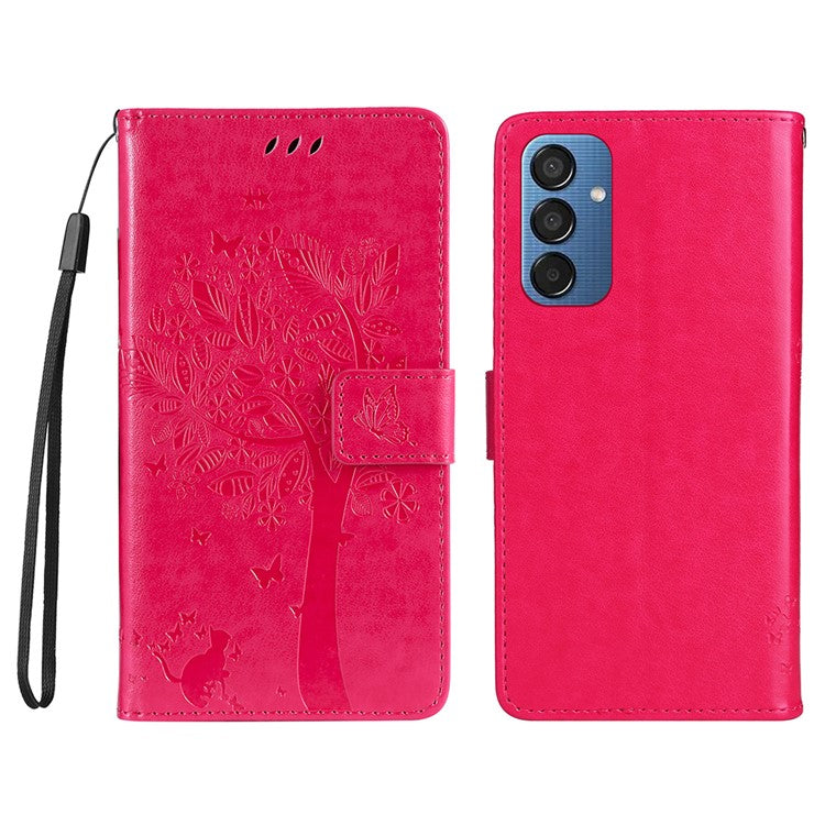 For Samsung Galaxy M15 5G Phone Case with Stand Cat Tree Pattern Leather Wallet Mobile Cover - Rose