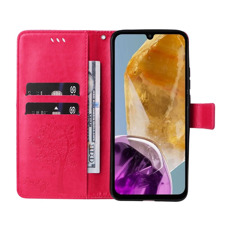 For Samsung Galaxy M15 5G Phone Case with Stand Cat Tree Pattern Leather Wallet Mobile Cover - Rose