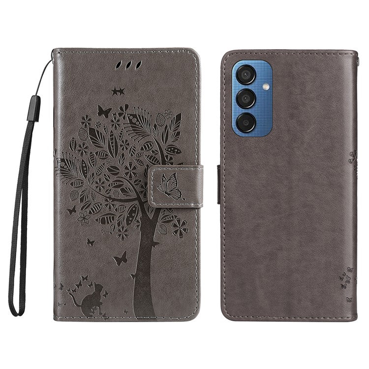 For Samsung Galaxy M15 5G Phone Case with Stand Cat Tree Pattern Leather Wallet Mobile Cover - Grey