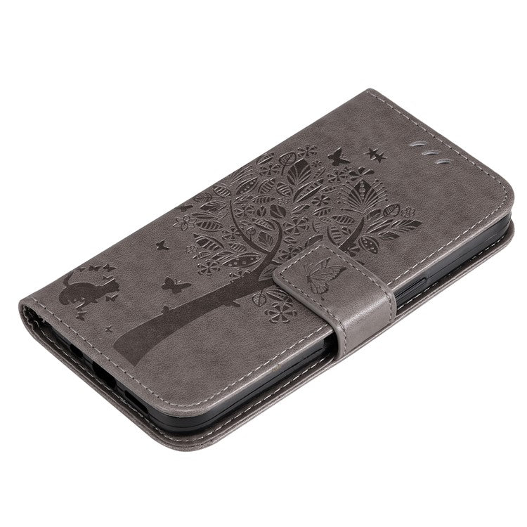 For Samsung Galaxy M15 5G Phone Case with Stand Cat Tree Pattern Leather Wallet Mobile Cover - Grey